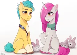 Size: 3508x2480 | Tagged: safe, artist:xiaowu07, derpibooru import, hitch trailblazer, earth pony, pony, rabbit, unicorn, g5, animal, clothes, cute, female, hitchrose, image, looking at each other, looking at someone, male, mare, my little pony: a maretime bay adventure, png, primrose (g5), sash, scarf, sheriff's badge, shipping, shy, simple background, sitting, smiling, stallion, straight, white background