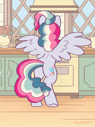 Size: 448x598 | Tagged: safe, artist:skysorbett, derpibooru import, oc, oc:sky sorbet, unofficial characters only, pegasus, pony, animated, bipedal, both cutie marks, butt, butt shake, cooking, curly hair, curly mane, dancing, female, gif, image, kitchen, mare, multicolored hair, multicolored mane, pegasus oc, plot, solo, tail, tail wag, wings