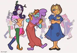 Size: 1554x1080 | Tagged: safe, artist:wormy_gums, derpibooru import, applejack, rainbow dash, rarity, human, breasts, cleavage, clothes, costume, crossover, dress, female, humanized, image, jax (the amazing digital circus), jpeg, overalls, pony coloring, ragatha, signature, simple background, the amazing digital circus, trio, white background, zooble, zoom layer