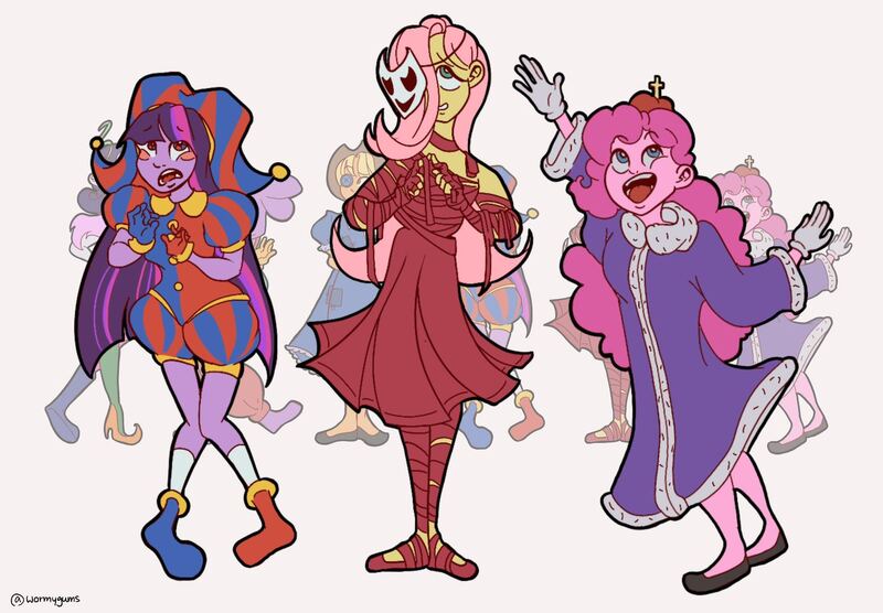 Size: 1554x1080 | Tagged: safe, artist:wormy_gums, derpibooru import, fluttershy, pinkie pie, twilight sparkle, human, blush sticker, blushing, clothes, costume, crossover, dress, female, gangle, humanized, image, jester, jpeg, kinger, mask, pomni, pony coloring, robes, signature, simple background, the amazing digital circus, trio, white background, zoom layer