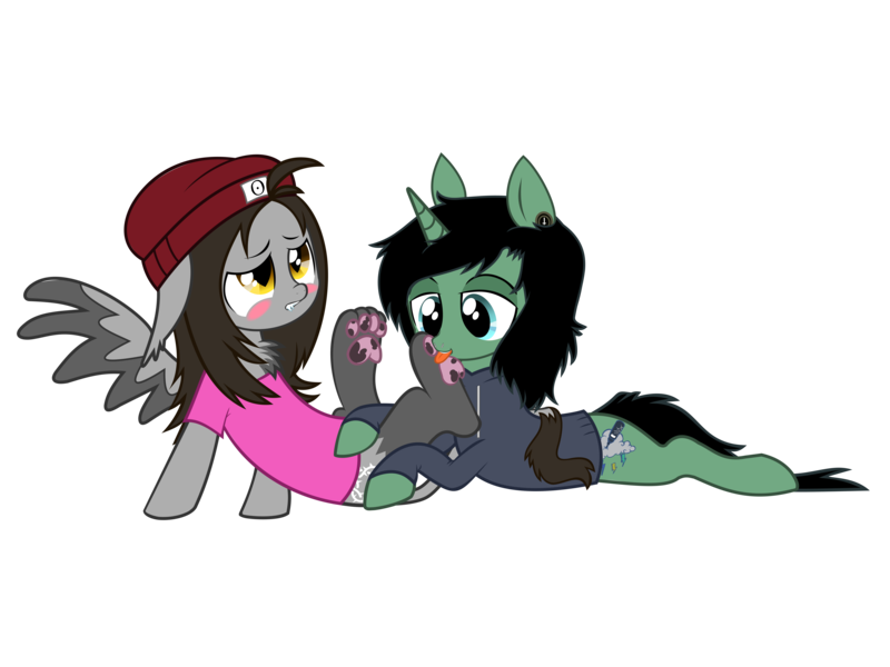 Size: 7560x5670 | Tagged: suggestive, artist:cactuscruncher, derpibooru import, ponified, hybrid, pony, unicorn, .svg available, beanie, black mane, blue eyes, blushing, brown mane, chest fluff, clothes, colored wings, colored wingtips, cuddling, derpibooru exclusive, duo, duo male, ear piercing, ear tufts, embarrassed, fetish, floppy ears, gauges, gray coat, green coat, grooming, half-sphinx, hat, hoodie, hoof on belly, hug, image, leaning back, licking, lidded eyes, looking up, lying down, male, nicholas ruffilo, noah sebastian, nose piercing, paw fetish, paw licking, paw pads, paws, piercing, png, prone, septum piercing, sharp teeth, shirt, simple background, slit pupils, smiling, spread wings, stallion, t-shirt, tail, tail hug, teeth, toe beans, tongue out, transparent background, underpaw, vector, wingboner, wings, yellow eyes