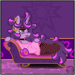 Size: 2000x2000 | Tagged: safe, artist:dice-warwick, derpibooru import, oc, oc:fizzy fusion pop, pony, unicorn, fallout equestria, bedroom eyes, choker, clothes, ear piercing, earring, fainting couch, female, fishnets, freckles, image, jewelry, long mane, mare, piercing, pillow, png, see-through, solo, wide hips