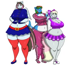 Size: 3394x3072 | Tagged: safe, artist:ljcaffie, derpibooru import, oc, oc:blazey sketch, oc:thalia blu, unofficial characters only, original species, pegasus, shark, shark pony, big breasts, blue fur, breasts, butt, cheerleader, clothes, disproportional anatomy, duo, duo female, female, gray fur, green eyes, huge breasts, huge butt, image, large butt, long hair, long tail, markings, multicolored hair, outfits, pegasus oc, png, shirt, simple background, skirt, solo, solo female, tail, tiny head, tiny torso, tracksuit, white background, wings