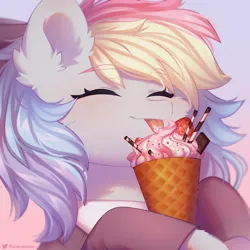 Size: 1936x1936 | Tagged: safe, artist:floweryoutoday, derpibooru import, oc, oc:blazey sketch, unofficial characters only, bow, chocolate, clothes, commission, food, grey fur, hair bow, ice cream, icon, image, multicolored hair, png, shading, simple background, smiling, solo, strawberry, sweater, ych result