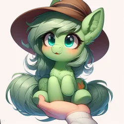 Size: 1024x1024 | Tagged: safe, ai content, derpibooru import, machine learning generated, prompter:adventurepone, oc, oc:limeade, earth pony, human, pony, blushing, generator:dall-e 3, hand, hat, holding a pony, image, micro, png, size difference