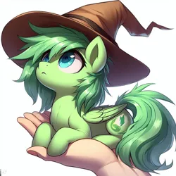 Size: 1024x1024 | Tagged: safe, ai content, derpibooru import, machine learning generated, prompter:adventurepone, oc, oc:limeade, human, pegasus, pony, :<, female, generator:dall-e 3, hand, hat, holding a pony, image, in goliath's palm, looking up, lying down, mare, png, prone, simple background, size difference, white background, witch hat, wizard hat