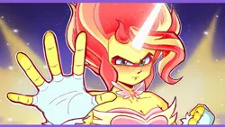 Size: 1920x1080 | Tagged: safe, artist:inkydotz, derpibooru import, sunset shimmer, human, equestria girls, friendship games, breasts, cleavage, commission, daydream shimmer, female, fist, image, jpeg, solo