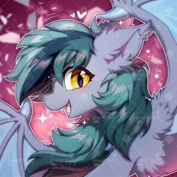 Size: 1500x1500 | Tagged: safe, artist:swaybat, derpibooru import, oc, oc:scrimmy, unofficial characters only, bat pony, pony, bat pony oc, bat wings, chest fluff, commission, ear fluff, fangs, fluffy, happy, image, jpeg, male, open mouth, solo, stallion, wings