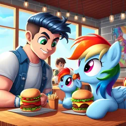 Size: 1024x1024 | Tagged: safe, ai content, derpibooru import, prompter:*rainbow dash*, rainbow dash, soarin', human, pony, burger, clone, female, filly, foal, food, french fries, generator:bing image creator, humanized, image, jpeg, meat, ponies eating meat, restaurant