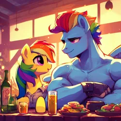 Size: 1024x1024 | Tagged: prompter needed, safe, ai content, derpibooru import, machine learning generated, prompter:*rainbow dash*, rainbow dash, anthro, friendship is manly, button-up shirt, clothes, doppelganger, dress shirt, eating, food, generator:bing image creator, gloves, image, jpeg, muscles, rainbuff dash, rule 63, shirt, what has science done