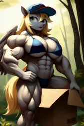 Size: 512x768 | Tagged: source needed, suggestive, ai content, derpibooru import, machine learning generated, prompter:james-stalink, derpy hooves, anthro, pegasus, abs, baseball cap, biceps, bikini, blue bikini, blue swimsuit, bodybuilder, box, breasts, burly hooves, busty derpy hooves, cap, clothes, deltoids, female, forest, g4, hat, image, looking at you, muscles, muscular female, nature, png, solo, solo female, swimsuit, thighs, thunder thighs, tree