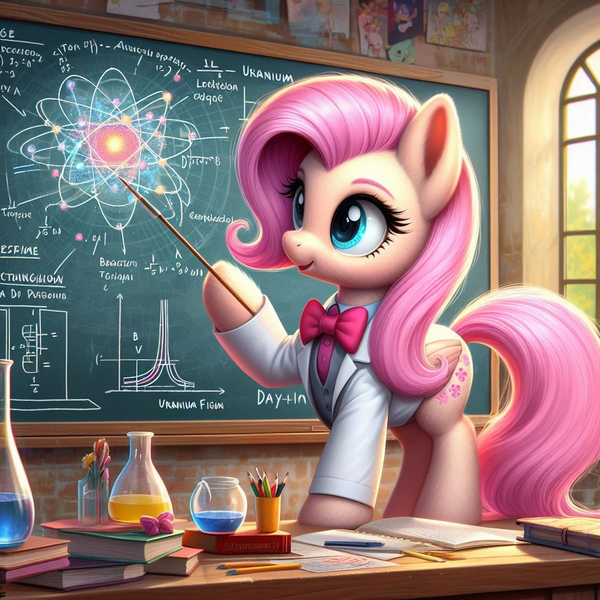 Size: 1024x1024 | Tagged: safe, ai content, derpibooru import, machine learning generated, fluttershy, pegasus, pony, atomic bomb, clothes, cute, g4, generator:bing image creator, image, nuclear weapon, png, science, solo, university, weapon