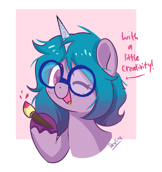 Size: 1598x1698 | Tagged: safe, artist:skylinepony_, derpibooru import, izzy moonbow, pony, unicorn, g5, alternate hairstyle, female, glasses, image, mare, open mouth, open smile, paintbrush, passepartout, png, smiling, solo, speech, talking