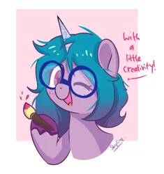 Size: 1598x1698 | Tagged: safe, artist:skylinepony_, derpibooru import, izzy moonbow, pony, unicorn, g5, alternate hairstyle, female, glasses, image, mare, open mouth, open smile, paintbrush, passepartout, png, smiling, solo, speech, talking