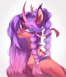 Size: 3438x4000 | Tagged: safe, artist:meggychocolatka, derpibooru import, oc, unofficial characters only, pony, unicorn, braid, chest fluff, curved horn, ear fluff, eye clipping through hair, eyebrows, eyebrows visible through hair, feather, feather in hair, female, horn, image, jpeg, mare, simple background, solo, white background