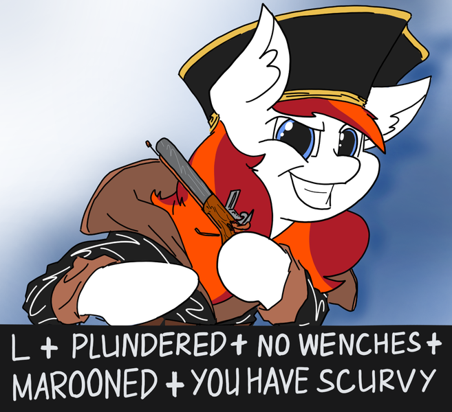 Size: 1227x1121 | Tagged: safe, artist:ponny, derpibooru import, oc, oc:silverfoot, earth pony, pony, clothes, colored, gun, image, meme origin, pirate, png, solo, text, weapon