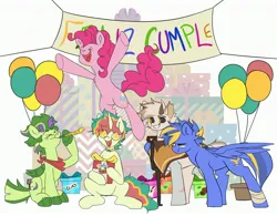 Size: 3122x2439 | Tagged: safe, artist:dimleyd, artist:madiwann, derpibooru import, pinkie pie, oc, oc:dreamy damsel, oc:shining trophy, oc:sugary cream, oc:willyam, unofficial characters only, pony, celebration, collaboration, group, happy birthday, image, jpeg, looking at each other, looking at someone, smiling, smiling at each other
