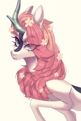 Size: 1382x2048 | Tagged: safe, artist:meggychocolatka, derpibooru import, oc, unofficial characters only, kirin, commission, eye clipping through hair, eyebrows, eyebrows visible through hair, female, flower, flower in hair, freckles, image, jpeg, simple background, solo, white background