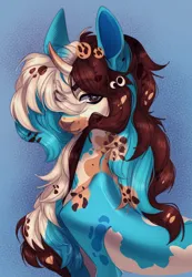 Size: 2765x4000 | Tagged: safe, artist:meggychocolatka, derpibooru import, oc, unofficial characters only, pony, unicorn, coat markings, commission, curved horn, female, hair accessory, horn, image, jpeg, lip piercing, mare, piercing, snake bites, solo