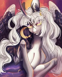 Size: 3134x3908 | Tagged: safe, artist:meggychocolatka, derpibooru import, oc, unofficial characters only, alicorn, pony, alicorn oc, constellation freckles, curved horn, ear piercing, earring, female, freckles, hair accessory, horn, image, jewelry, jpeg, mare, piercing, solo, starry eyes, wingding eyes, wings