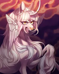 Size: 3188x4000 | Tagged: safe, artist:meggychocolatka, derpibooru import, oc, unofficial characters only, pony, unicorn, abstract background, curved horn, ear piercing, earring, eye clipping through hair, eyebrows, eyebrows visible through hair, female, head wings, horn, horn ring, image, jewelry, jpeg, leonine tail, lip piercing, mare, nose piercing, nose ring, piercing, ring, sharp teeth, snake bites, solo, tail, teeth, wings