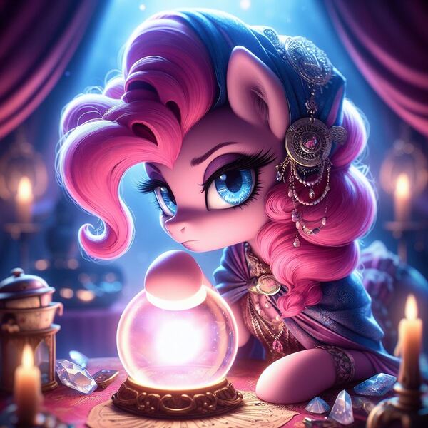 Size: 1024x1024 | Tagged: safe, ai content, derpibooru import, machine learning generated, pinkie pie, earth pony, pony, blurry background, candle, clothes, crystal, crystal ball, ear fluff, female, fortune teller, g4, generator:dall-e 3, gypsy pie, image, jewelry, jpeg, looking at you, madame pinkie, mare, prompter:tyto4tme4l, solo, tablecloth