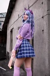 Size: 2871x4306 | Tagged: safe, artist:hysteriana, derpibooru import, izzy moonbow, human, g5, blue hair, brony, choker, clothes, cosplay, costume, female, festival, image, irl, irl human, looking at you, nail polish, nails, outdoors, photo, png, rear view, schoolgirl, skirt, socks, solo, stockings, sweater, thigh highs