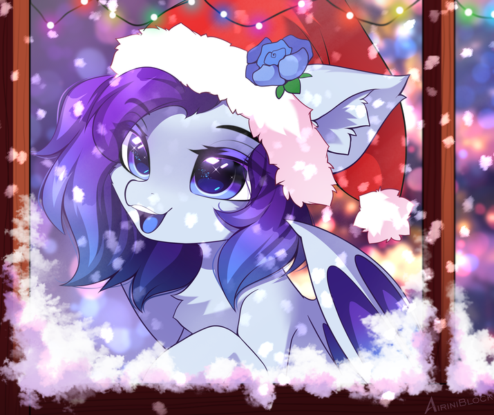 Size: 3594x3014 | Tagged: safe, artist:airiniblock, derpibooru import, oc, oc:vampie, unofficial characters only, bat pony, pony, bat pony oc, bat wings, big ears, chest fluff, christmas, christmas lights, cute, ear fluff, eye clipping through hair, eyebrows, eyebrows visible through hair, female, hat, high res, holiday, image, mare, open mouth, open smile, png, santa hat, smiling, snow, snowfall, solo, teeth, window, wings, winter