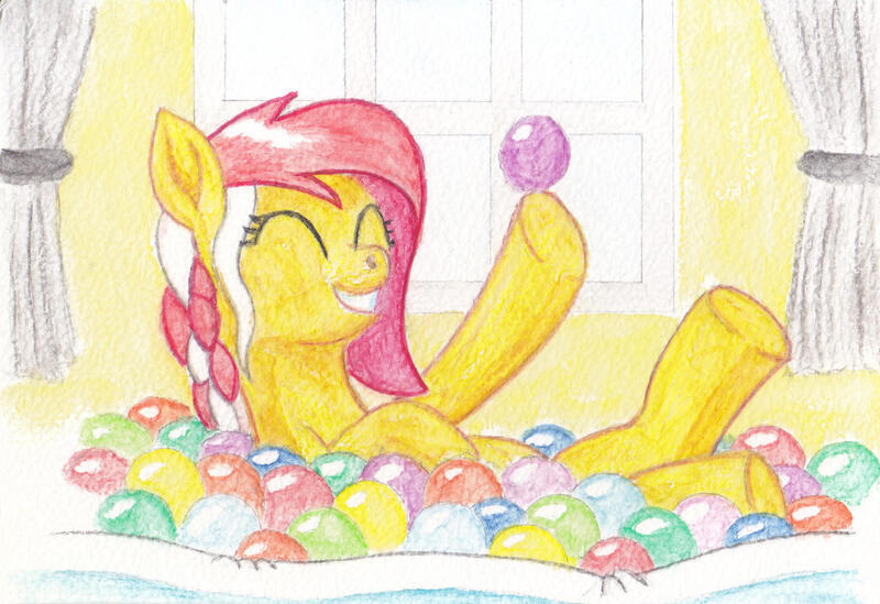 Size: 1024x703 | Tagged: safe, artist:malte279, derpibooru import, oc, oc:colonia, unofficial characters only, earth pony, ball pit, cute, earth pony oc, image, jpeg, mascot, solo, traditional art, watercolor painting