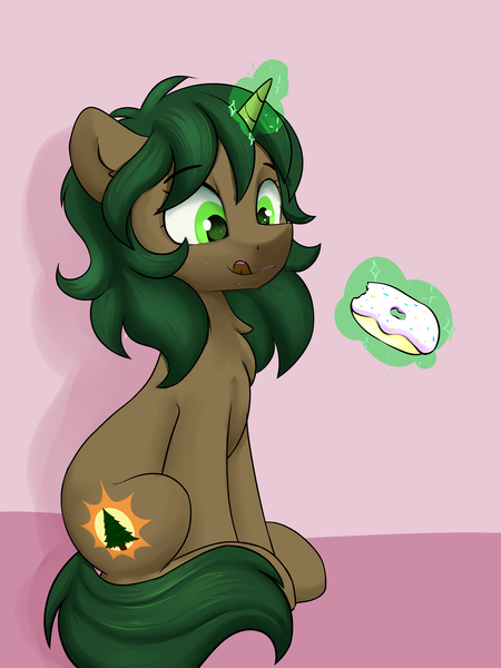 Size: 3000x4000 | Tagged: safe, artist:dumbwoofer, derpibooru import, oc, oc:pine shine, pony, unicorn, chest fluff, donut, female, food, image, licking, licking lips, magic, magic aura, mare, png, simple background, sitting, solo, telekinesis, tongue out