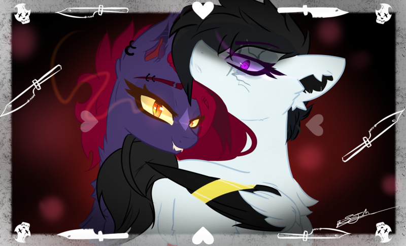 Size: 2267x1373 | Tagged: suggestive, artist:janeblood969, derpibooru import, oc, oc:jane blood, oc:mela rite, pegasus, pony, undead, vampire, vampony, bags under eyes, bedroom eyes, chest fluff, death stare, ear fluff, ear piercing, eye scar, eyeshadow, facial scar, female, flank, glare, glow, glowing eyes, image, makeup, mare, married, pegasus oc, piercing, png, scar, siblings, sisters, smiling, smirk, tomboy, wings