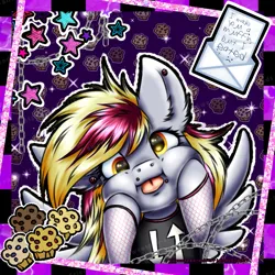 Size: 2039x2039 | Tagged: safe, artist:sweetpea-and-friends, derpibooru import, derpy hooves, pegasus, pony, ear piercing, emo, female, food, image, lip piercing, mare, marespace, muffin, myspace, piercing, png, scene, silly, silly pony, tongue out