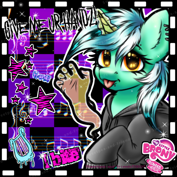 Size: 2039x2039 | Tagged: safe, artist:sweetpea-and-friends, derpibooru import, lyra heartstrings, pony, unicorn, clothes, ear piercing, eyebrow piercing, female, hand, hoodie, image, lip piercing, magic, magic hands, mare, marespace, my little brony, myspace, piercing, png, raccoon tails, rawr, tongue out