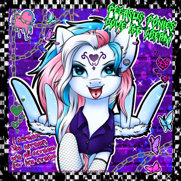 Size: 2039x2039 | Tagged: safe, artist:sweetpea-and-friends, derpibooru import, star catcher, pegasus, pony, g3, clothes, ear piercing, emo, female, fishnets, image, jacket, leather, leather jacket, leather vest, mare, marespace, myspace, piercing, png, pride, pride flag, punk, scene, scene kid, tongue out, tongue piercing, transgender, transgender pride flag, vest