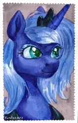 Size: 822x1291 | Tagged: safe, artist:tigra0118, derpibooru import, princess luna, alicorn, pony, bust, image, looking at something, png, portrait, solo, traditional art, watercolor painting, young luna