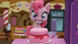 Size: 1920x1080 | Tagged: safe, derpibooru import, screencap, pinkie pie, earth pony, pony, my little pony: pony life, my little pony: stop motion short, cake, cute, food, image, png, smiling, solo, sugarcube corner