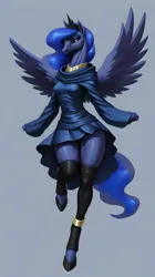 Size: 1072x1920 | Tagged: safe, ai content, derpibooru import, machine learning generated, prompter:stevelahnring, stable diffusion, princess luna, alicorn, anthro, unguligrade anthro, anklet, clothes, crown, dress, ethereal mane, ethereal tail, female, generator:easyfluff v11.2, hoers, hooves, image, jewelry, necklace, png, regalia, socks, solo, solo female, spread wings, tail, wings