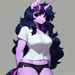 Size: 3072x3072 | Tagged: suggestive, ai content, derpibooru import, machine learning generated, twilight sparkle, anthro, unicorn, big breasts, breasts, briefs, clothes, cute, female, g4, image, jpeg, messy mane, prompter:frw, shirt, simple background, solo, underwear