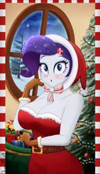 Size: 2000x3454 | Tagged: suggestive, artist:theretroart88, derpibooru import, rarity, human, equestria girls, :o, belt, breasts, busty rarity, christmas, christmas lights, christmas tree, cleavage, clothes, costume, female, gloves, hat, holiday, image, looking at you, open mouth, png, santa costume, santa hat, santa sack, tree