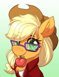 Size: 2458x3182 | Tagged: safe, artist:witchtaunter, derpibooru import, applejack, earth pony, pony, apple, bust, chest fluff, clothes, commission, ear fluff, eye clipping through hair, eyebrows, eyebrows visible through hair, female, food, g4, glasses, image, looking at you, mare, mouth hold, png, shirt, smiling, solo