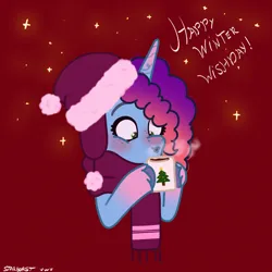 Size: 2480x2480 | Tagged: safe, artist:starburstuwu, derpibooru import, pony, unicorn, g5, blushing, chocolate, christmas, clothes, cute, female, food, freckles, hat, holiday, hot chocolate, image, jpeg, mare, misty brightdawn, mistybetes, rebirth misty, red background, santa hat, scarf, simple background