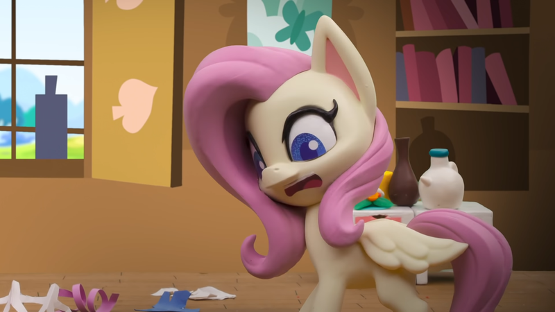 Size: 1920x1080 | Tagged: safe, derpibooru import, screencap, fluttershy, pegasus, pony, my little pony: pony life, my little pony: stop motion short, cute, fluttershy's cottage (interior), image, png, shocked, solo