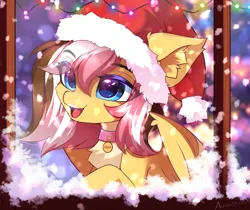 Size: 3594x3014 | Tagged: safe, artist:airiniblock, derpibooru import, oc, oc:nea, unofficial characters only, earth pony, pegasus, pony, big ears, chest fluff, christmas, christmas lights, collar, cute, ear fluff, eye clipping through hair, eyebrows, eyebrows visible through hair, female, hat, high res, holiday, image, mare, open mouth, open smile, pegasus oc, png, santa hat, smiling, snow, snowfall, solo, teeth, window, wings, winter