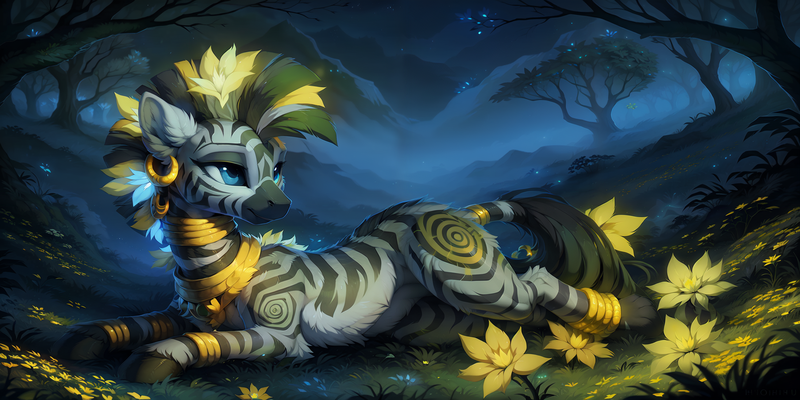 Size: 2048x1024 | Tagged: safe, ai content, derpibooru import, machine learning generated, prompter:leesys, stable diffusion, zecora, pony, zebra, female, flower, flower in hair, forest, generator:easyfluff v11.2, image, mare, nature, night, png, tree