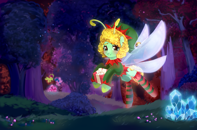 Size: 6022x4000 | Tagged: safe, artist:syu, derpibooru import, oc, breezie, g5, my little pony: make your mark, bells, blushing, breezie oc, bridlewood, christmas, clothes, commission, cute, detailed background, elf costume, elf hat, family tree, female, flying, forest, forest background, gem, gemstones, gift giving, glow, hat, holiday, image, looking at you, night, png, present, shiny, smiling, smiling at you, socks, tree, wings