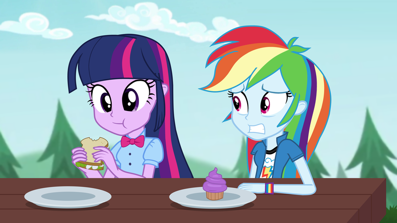 Size: 3840x2160 | Tagged: safe, artist:octosquish7260, derpibooru import, rainbow dash, twilight sparkle, human, equestria girls, cupcake, daffodil and daisy sandwich, eating, female, flower, food, frosting, image, park, picnic, picnic table, plate, png, sandwich, table