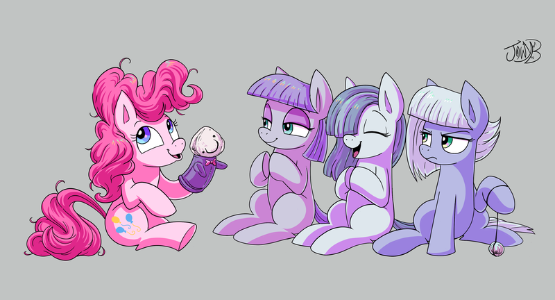 Size: 3425x1848 | Tagged: safe, artist:jowybean, derpibooru import, limestone pie, marble pie, maud pie, pinkie pie, earth pony, pony, eyes closed, female, filly, foal, g4, happy, image, lidded eyes, open mouth, open smile, pie sisters, png, puppet, siblings, sisters, smiling, unamused, yo-yo