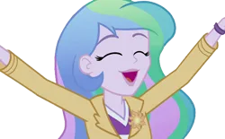 Size: 4072x2520 | Tagged: safe, derpibooru import, edit, edited screencap, editor:homersimpson1983, screencap, princess celestia, human, equestria girls, arms in the air, background removed, eyes closed, female, image, not a vector, png, principal celestia, solo