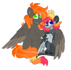 Size: 4552x4505 | Tagged: safe, artist:crazysketch101, derpibooru import, oc, oc:ashton burnside, oc:crazy looncrest, unofficial characters only, pegasus, pony, derpibooru community collaboration, 2024 community collab, burncrest, chest fluff, eye clipping through hair, hug, image, leonine tail, looking at you, open mouth, open smile, png, sitting, smiling, tail, winghug, wings