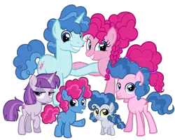 Size: 2520x2016 | Tagged: safe, artist:thecheeseburger, ponerpics import, party favor, pinkie pie, oc, earth pony, pony, unicorn, colt, family, female, filly, g4, image, looking at you, male, mare, offspring, parent:party favor, parent:pinkie pie, parents:partypie, png, ship:partypie, shipping, simple background, stallion, straight, transparent background
